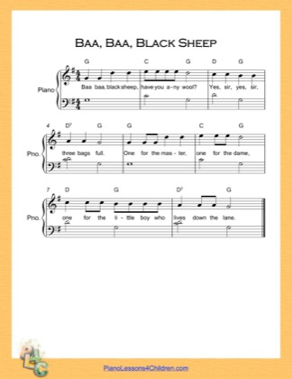 Thumbnail of first page of Baa Baa Black Sheep Very Easy  (G Major) piano sheet music PDF by Nursery Rhyme.