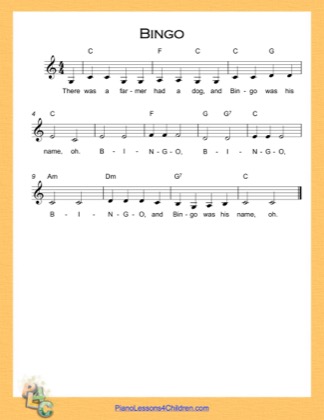 Thumbnail of first page of Bingo (C Major) (Easy) piano sheet music PDF by Nursery Rhyme.