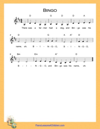 Thumbnail of first page of Bingo (D Major) (Easy) piano sheet music PDF by Nursery Rhyme.