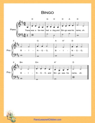 Thumbnail of first page of Bingo Easy  (D Major) piano sheet music PDF by Nursery Rhyme.