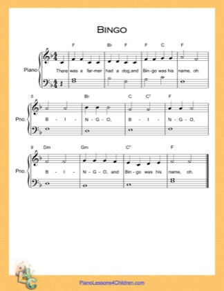 Thumbnail of first page of Bingo Easy  (F Major) piano sheet music PDF by Nursery Rhyme.