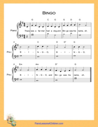 Thumbnail of first page of Bingo Easy  (G Major) piano sheet music PDF by Nursery Rhyme.