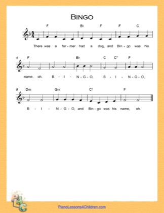 Thumbnail of first page of Bingo (F Major) (Easy) piano sheet music PDF by Nursery Rhyme.