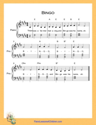 Thumbnail of first page of Bingo  (E Major) piano sheet music PDF by Nursery Rhyme.