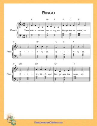 Thumbnail of first page of Bingo  (F Major) piano sheet music PDF by Nursery Rhyme.