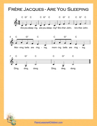 Thumbnail of first page of Frere Jacques Are You Sleeping (C Major) piano sheet music PDF by Nursery Rhyme.