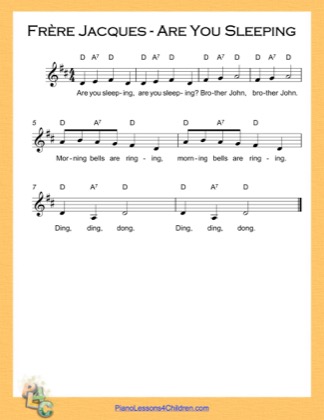 Thumbnail of first page of Frere Jacques Are You Sleeping (D Major) piano sheet music PDF by Nursery Rhyme.