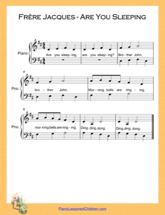 Thumbnail of first page of Frere Jacques Are You Sleeping Easy  (D Major) piano sheet music PDF by Nursery Rhyme.