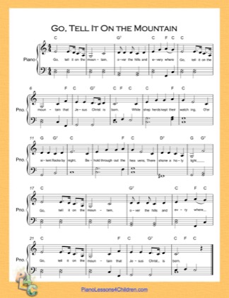 Thumbnail of first page of Go Tell It On the Mountain Easy  (C Major) piano sheet music PDF by Nursery Rhyme.
