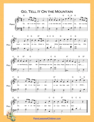 Thumbnail of first page of Go Tell It On the Mountain Easy  (G Major) piano sheet music PDF by Nursery Rhyme.
