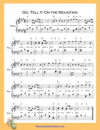Thumbnail of first page of Go Tell It On the Mountain  (A Major) piano sheet music PDF by Nursery Rhyme.