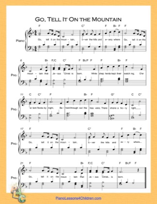 Thumbnail of first page of Go Tell It On the Mountain  (F Major) piano sheet music PDF by Nursery Rhyme.