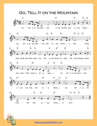 Thumbnail of first page of Go Tell It on the Mountain (D Major) piano sheet music PDF by Nursery Rhyme.