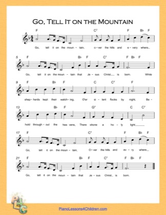 Thumbnail of first page of Go Tell It on the Mountain (F Major) (Easy) piano sheet music PDF by Nursery Rhyme.