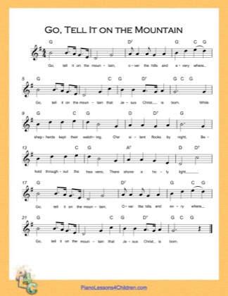 Thumbnail of first page of Go Tell It on the Mountain (G Major) (Easy) piano sheet music PDF by Nursery Rhyme.