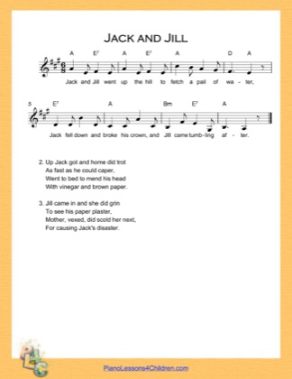Thumbnail of first page of Jack and Jill (A Major) piano sheet music PDF by Nursery Rhyme.
