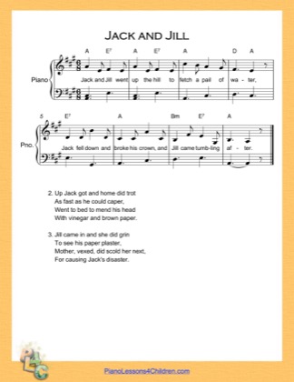 Thumbnail of first page of Jack and Jill (A Major) Easy  piano sheet music PDF by Nursery Rhyme.