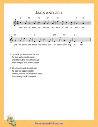 Thumbnail of first page of Jack and Jill (C Major) (Easy) piano sheet music PDF by Nursery Rhyme.