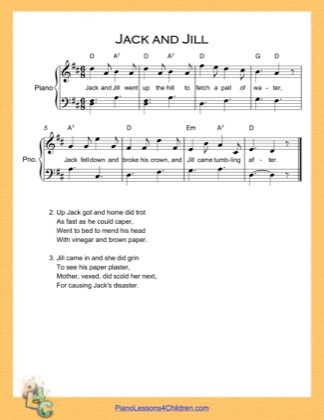 Thumbnail of first page of Jack and Jill (D Major) Easy  piano sheet music PDF by Nursery Rhyme.