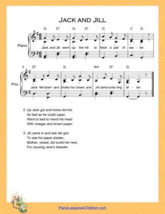 Thumbnail of first page of Jack and Jill (G Major)  piano sheet music PDF by Nursery Rhyme.