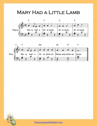 Thumbnail of first page of Mary Had a Little Lamb Easy  (F Major) piano sheet music PDF by Nursery Rhyme.