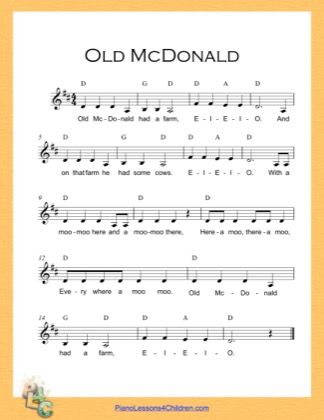 Thumbnail of first page of Old McDonald (D Major) piano sheet music PDF by Nursery Rhyme.