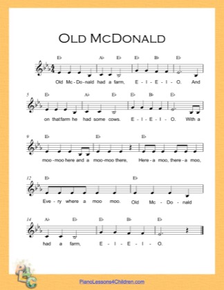 Thumbnail of first page of Old McDonald (E Flat Major) (Easy) piano sheet music PDF by Nursery Rhyme.