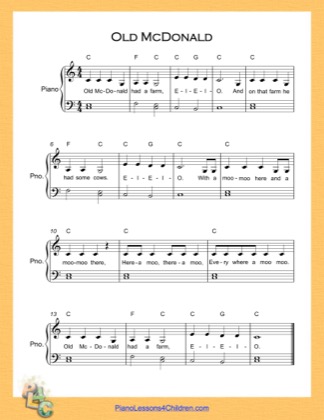 Thumbnail of first page of Old McDonald  (C Major) piano sheet music PDF by Nursery Rhyme.