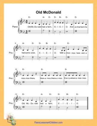 Thumbnail of first page of Old McDonald  (E Flat Major) piano sheet music PDF by Nursery Rhyme.