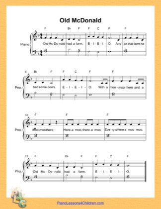Thumbnail of first page of Old McDonald  (F Major) piano sheet music PDF by Nursery Rhyme.