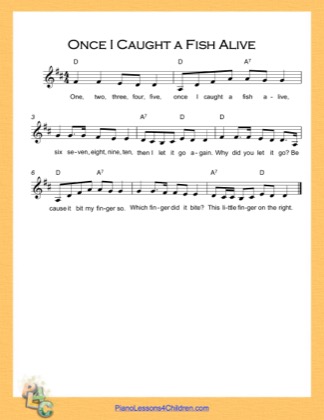 Thumbnail of first page of Once I Caught a Fish Alive (D Major) piano sheet music PDF by Nursery Rhyme.