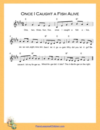 Thumbnail of first page of Once I Caught a Fish Alive (E Major) piano sheet music PDF by Nursery Rhyme.
