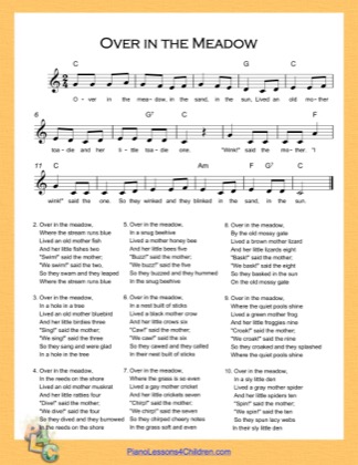 Thumbnail of first page of Over in the Meadow (C Major) piano sheet music PDF by Nursery Rhyme.