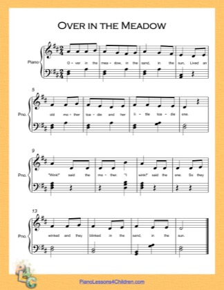 Thumbnail of first page of Over in the Meadow Easy  (D Major) piano sheet music PDF by Nursery Rhyme.