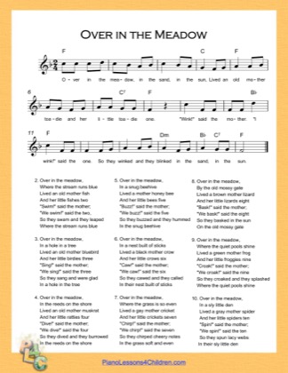 Thumbnail of first page of Over in the Meadow (F Major) piano sheet music PDF by Nursery Rhyme.