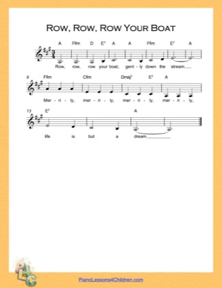 Thumbnail of first page of Row Row Row Your Boat Colorful Chords (A Major) piano sheet music PDF by Nursery Rhyme.