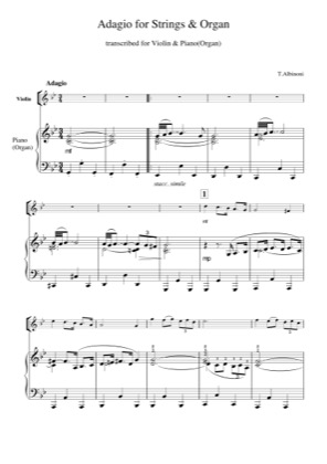 Thumbnail of first page of Adagio for Strings and Organ piano sheet music PDF by Tomaso Albinoni.