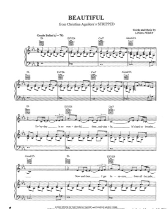Thumbnail of first page of Beautiful  piano sheet music PDF by Christina Aguilera.