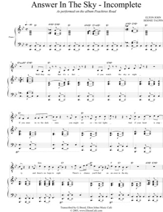 Thumbnail of first page of Answer In The Sky  (Incomplete) piano sheet music PDF by Elton John.
