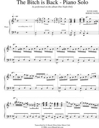 Thumbnail of first page of The Bitch is Back piano sheet music PDF by Elton John.