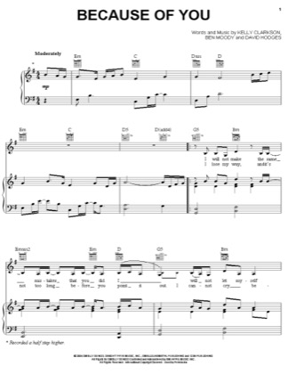 Thumbnail of first page of Because Of You piano sheet music PDF by Kelly Clarkson.