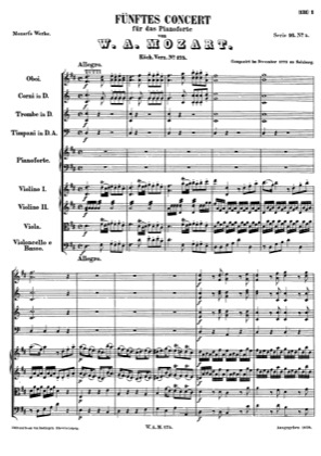 Thumbnail of first page of Piano Concerto No.5 in D major piano sheet music PDF by Mozart.