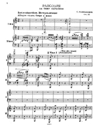 Thumbnail of first page of Rhapsody on a Theme of Paganini  Op.43 for Two Piano piano sheet music PDF by Sergei Rachmaninoff.