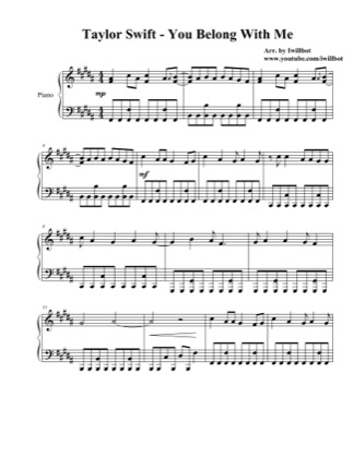 Thumbnail of first page of You Belong With Me piano sheet music PDF by Taylor Swift.