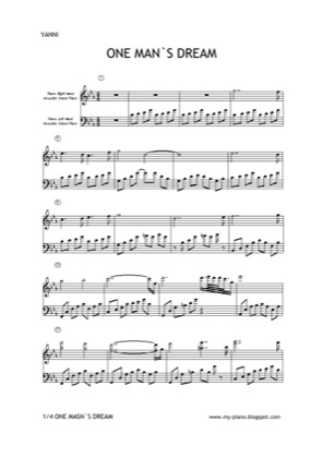 Thumbnail of first page of One Man's Dream piano sheet music PDF by Yanni .