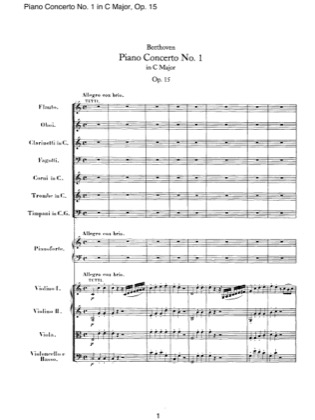 Thumbnail of first page of Piano Concerto No.1 Op.15 piano sheet music PDF by Beethoven.