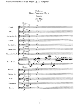 Thumbnail of first page of Piano Concerto No.5 Op. 73 (Part 1) piano sheet music PDF by Beethoven.