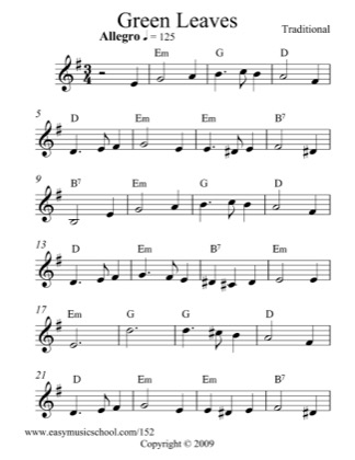 Thumbnail of first page of Green Leaves piano sheet music PDF by Traditional.