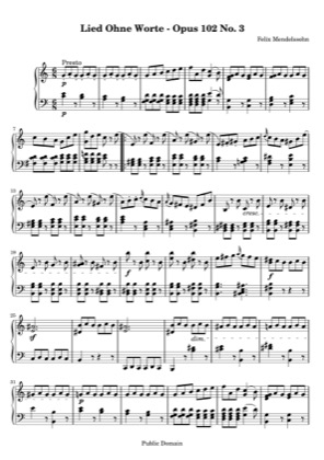 Thumbnail of first page of Lied Ohne Worte - Opus 102 No. 3 piano sheet music PDF by Mendelssohn.