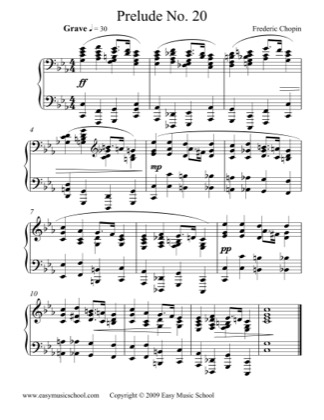 Thumbnail of first page of Prelude No. 20 piano sheet music PDF by Frédéric Chopin.